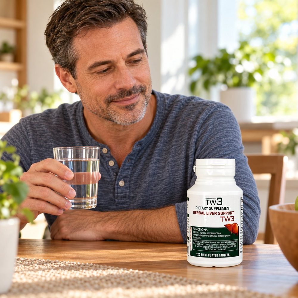 Adult holding a glass of water next to a bottle of TW3 Herbal Liver Support