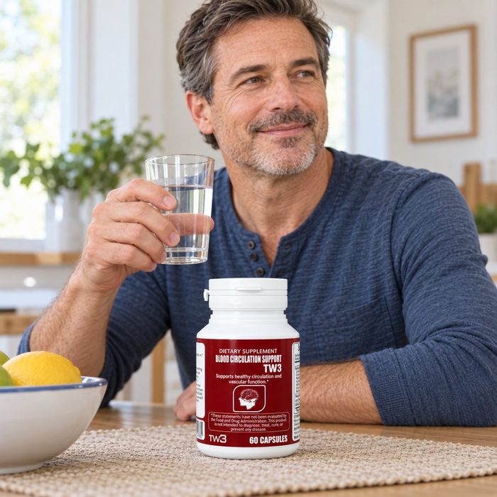 Man with a glass of water and TW3 Blood Circulation Support