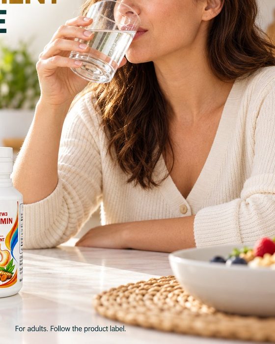 Woman drinking water next to TW3 Nano Curcumin