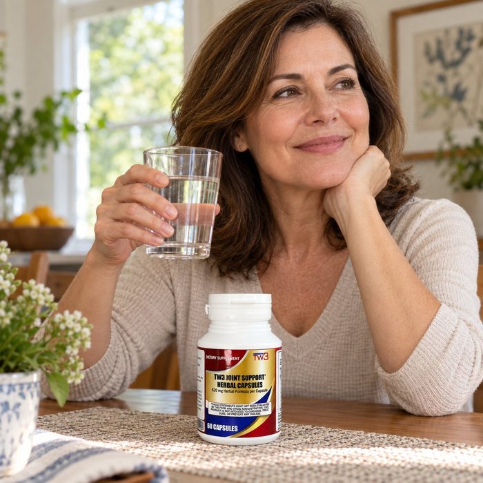 Woman holding a bottle of TW3 Joint Support