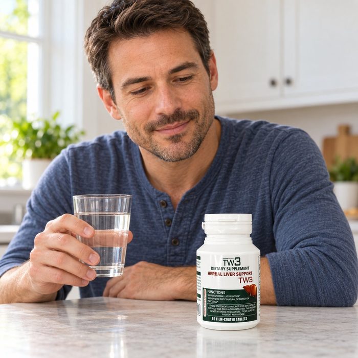 Man reading the TW3 Herbal Liver Support label in a kitchen